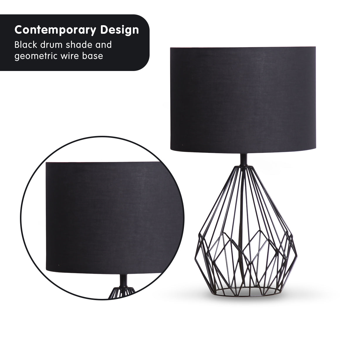 NNEDPE Sarantino Metal Wire Table Lamp in Black Finish With Black Drum Shade-2