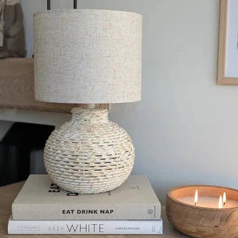White Wash Small Bulbous Wicker Table Lamp-0